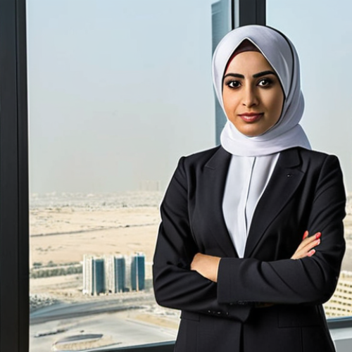 Home 4 **
A modern Qatari woman in professional attire (business suit or similar) standing confidently in a modern office setting. In the background, subtle glimpses of skyscrapers and the Doha skyline. Focus on empowerment and career.
**