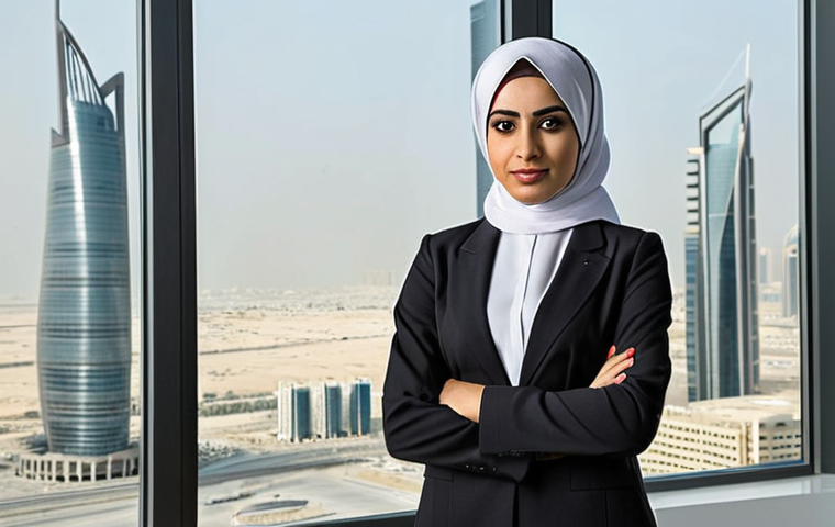**
A modern Qatari woman in professional attire (business suit or similar) standing confidently in a modern office setting. In the background, subtle glimpses of skyscrapers and the Doha skyline. Focus on empowerment and career.
**