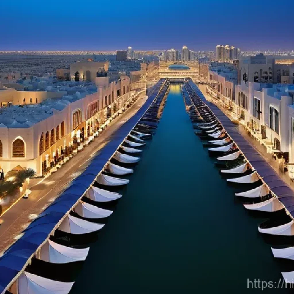 카타르의 경제 다각화 - **Prompt:** A vibrant, high-definition panoramic shot of Doha's cityscape at dusk, showcasing the ha...