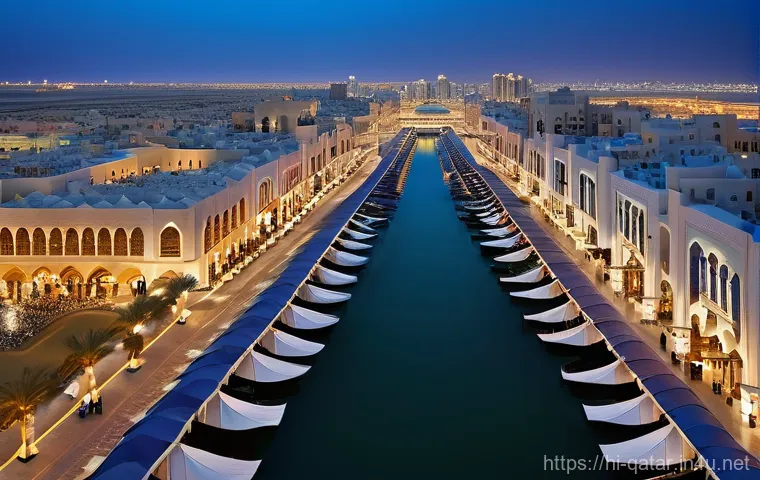 카타르의 경제 다각화 - **Prompt:** A vibrant, high-definition panoramic shot of Doha's cityscape at dusk, showcasing the ha...
