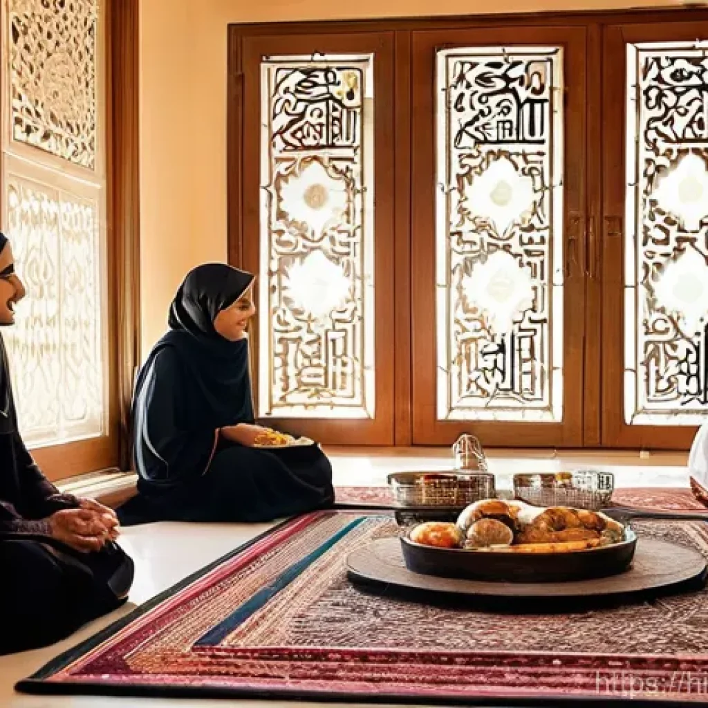 카타르의 전통적인 가족구조 - **Prompt 1: Generational Harmony and Shared Feasts**
"A heartwarming scene inside a beautifully ...