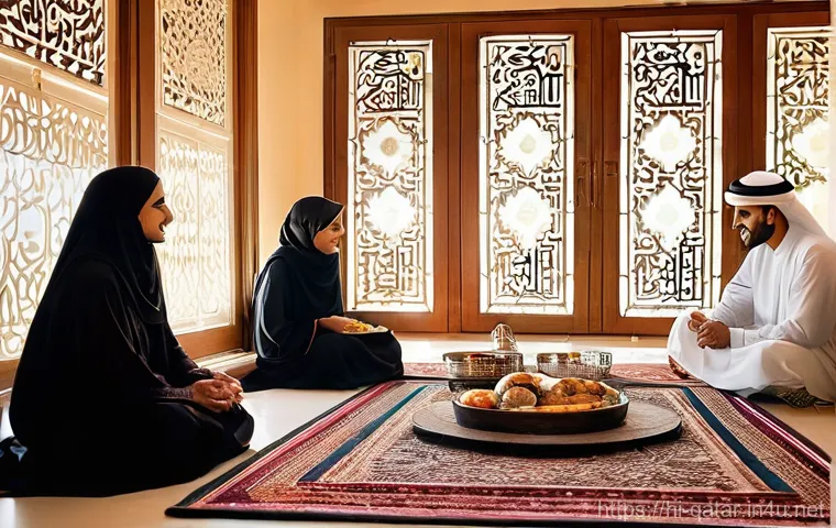 카타르의 전통적인 가족구조 - **Prompt 1: Generational Harmony and Shared Feasts**
"A heartwarming scene inside a beautifully ...
