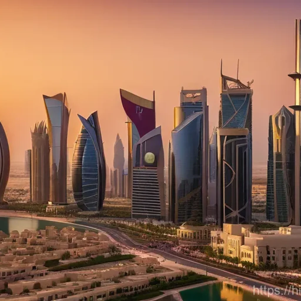 카타르와 쿠웨이트 경제 비교 - **Prompt 1: Qatar's Visionary Future**
A hyperrealistic depiction of Doha, Qatar, at golden hour...
