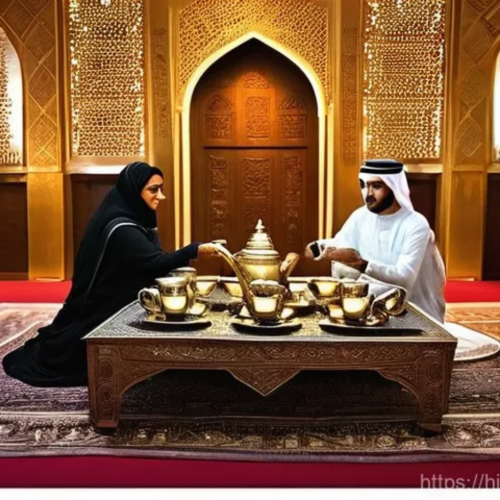 카타르 민족성과 사회 - **Prompt 1: Qatari Hospitality in a Traditional Setting**
"A warmly lit scene inside a tradition...