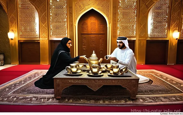 카타르 민족성과 사회 - **Prompt 1: Qatari Hospitality in a Traditional Setting**
"A warmly lit scene inside a tradition...