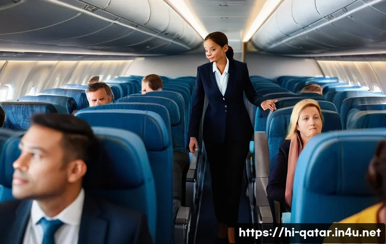 카타르 항공 사고 - **Prompt 1: The Cabin's Anxious Hope**
"A candid, realistic photograph from inside a modern airp...